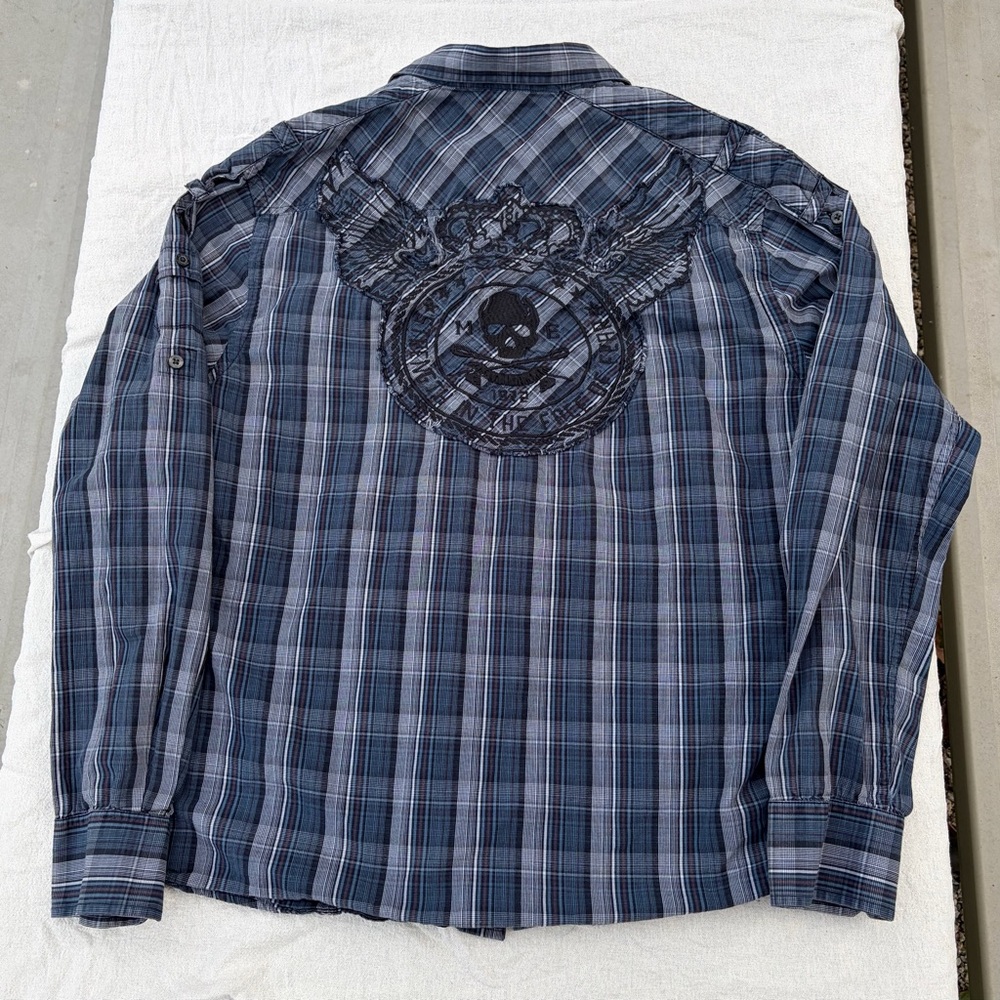 Marc Ecko Blue and Gray Plaid Skull Button Down Shirt, Streetwear Grunge